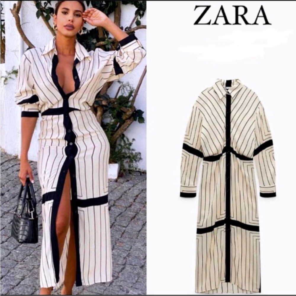 ZARA Cream Maxi Shirt Dress with Black Trim